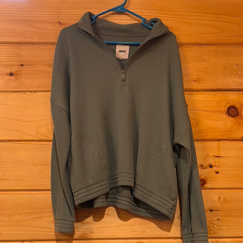 Olive Green waffle knit Zip Up pull over with slight crop and Relaxed Fit